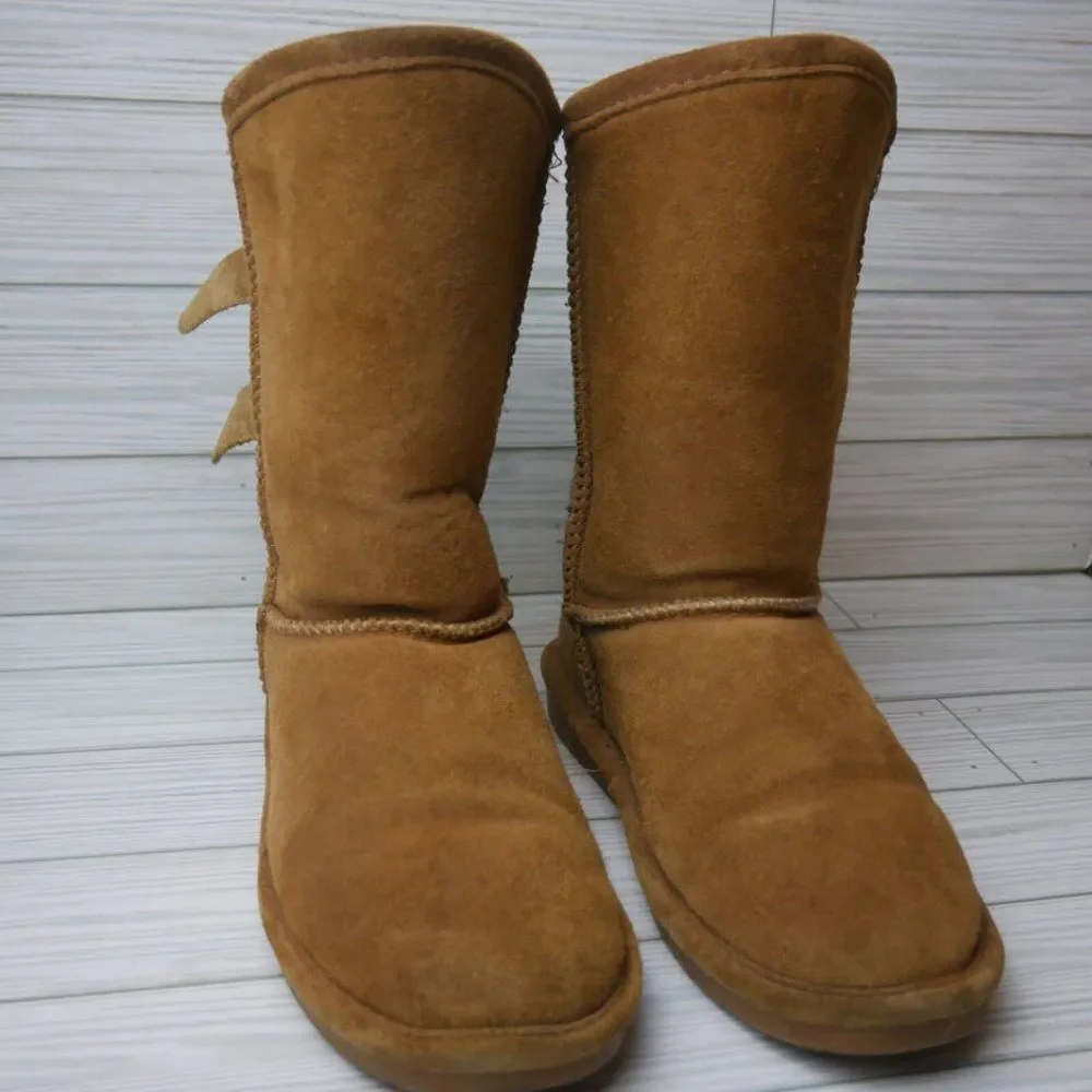 Bearpaw BOSHIE Youth Size 4 Tan Suede Wool Blend Sherpa Lined Mid Calf Boots